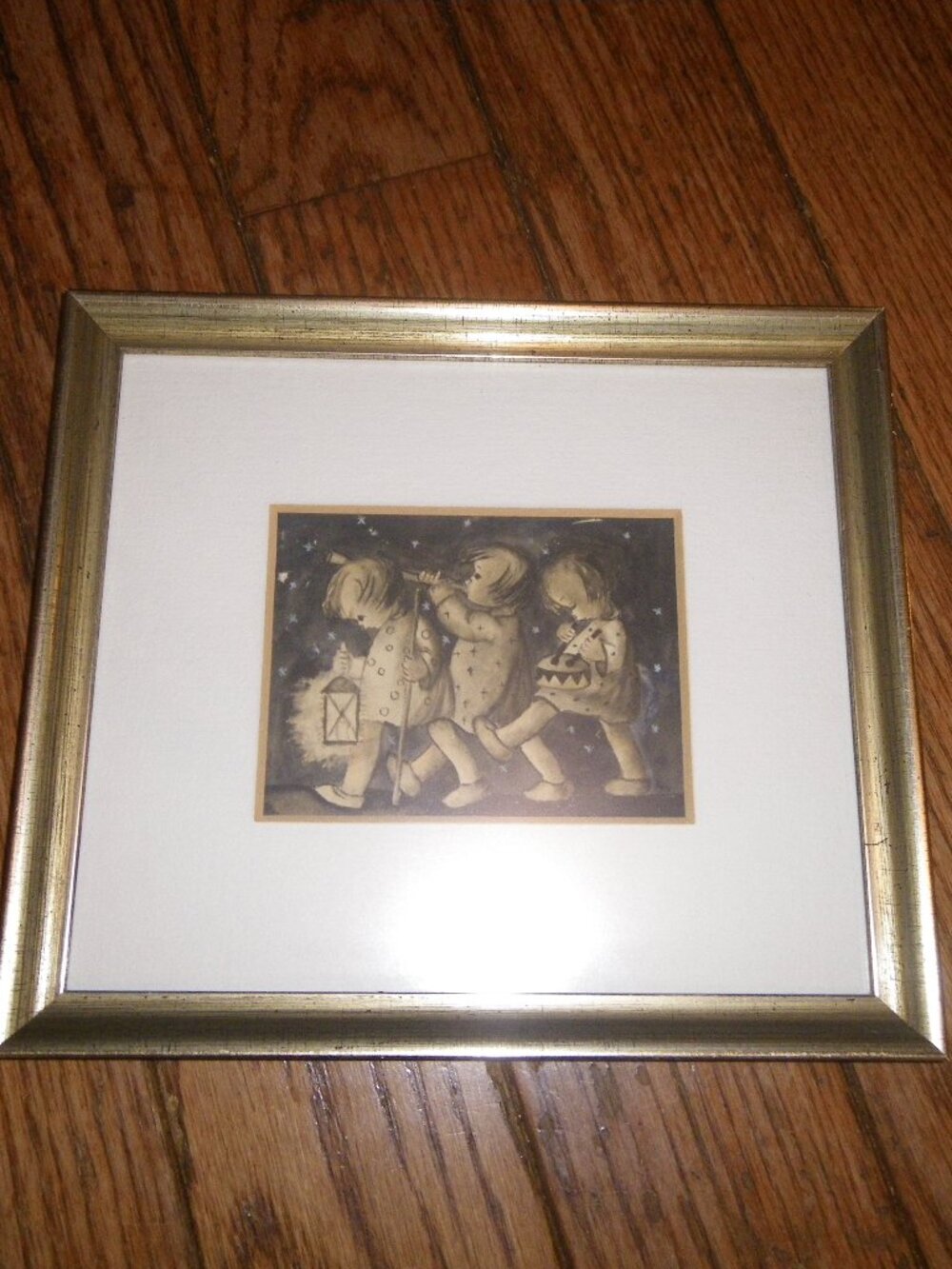 Vintage Small Framed Ink Drawing Children Marching Playing Music at Night